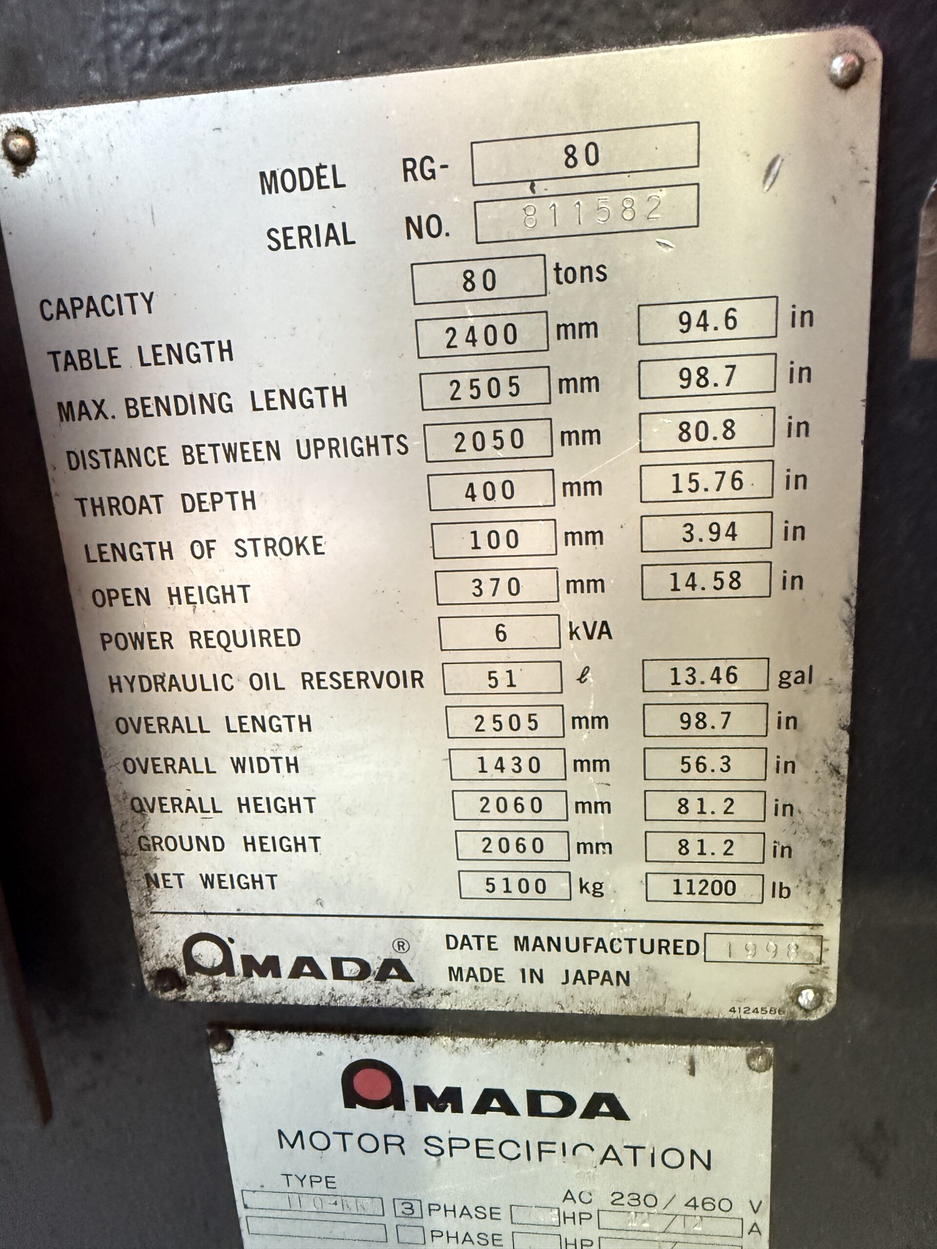 1998 Amada RG 80 CNC Hydraulic Press Brake – Valparaiso, Indiana